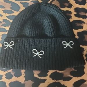 Black Knit Beanie with Bow Accents